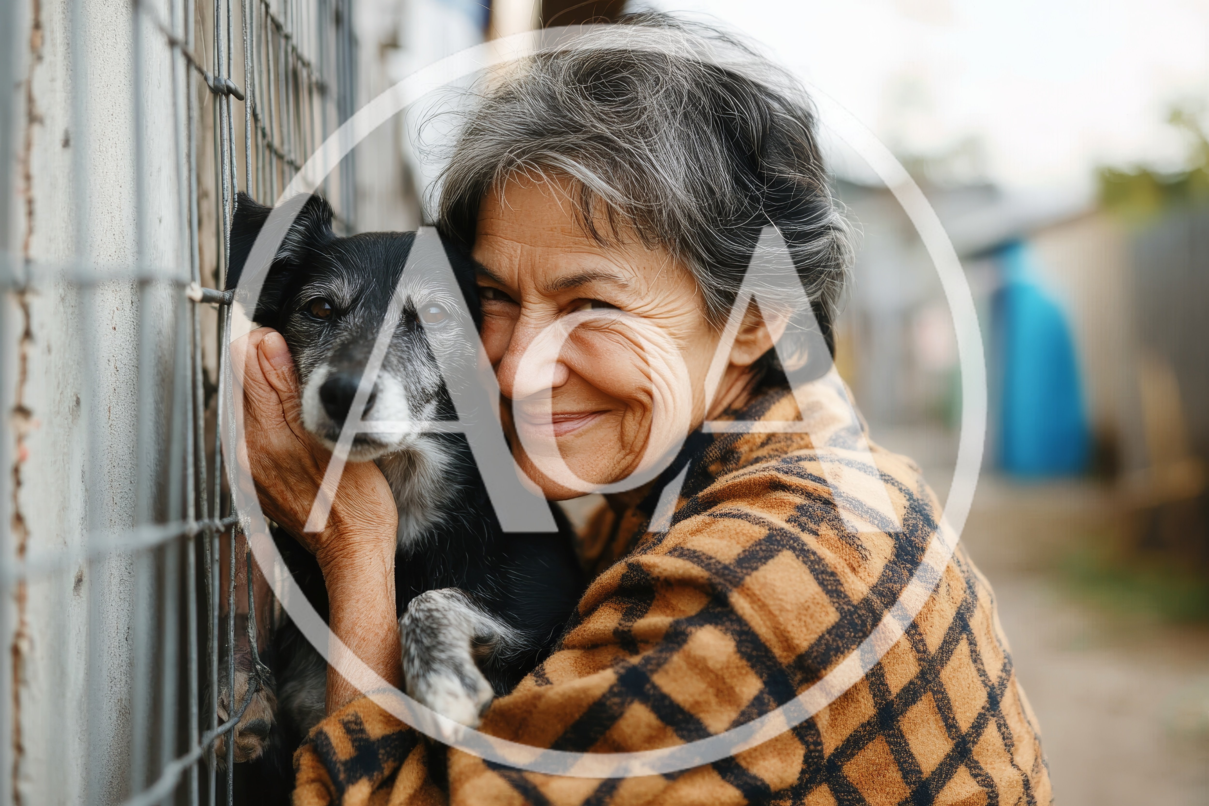 Elderly Woman Embracing Her Dog At A Shelter