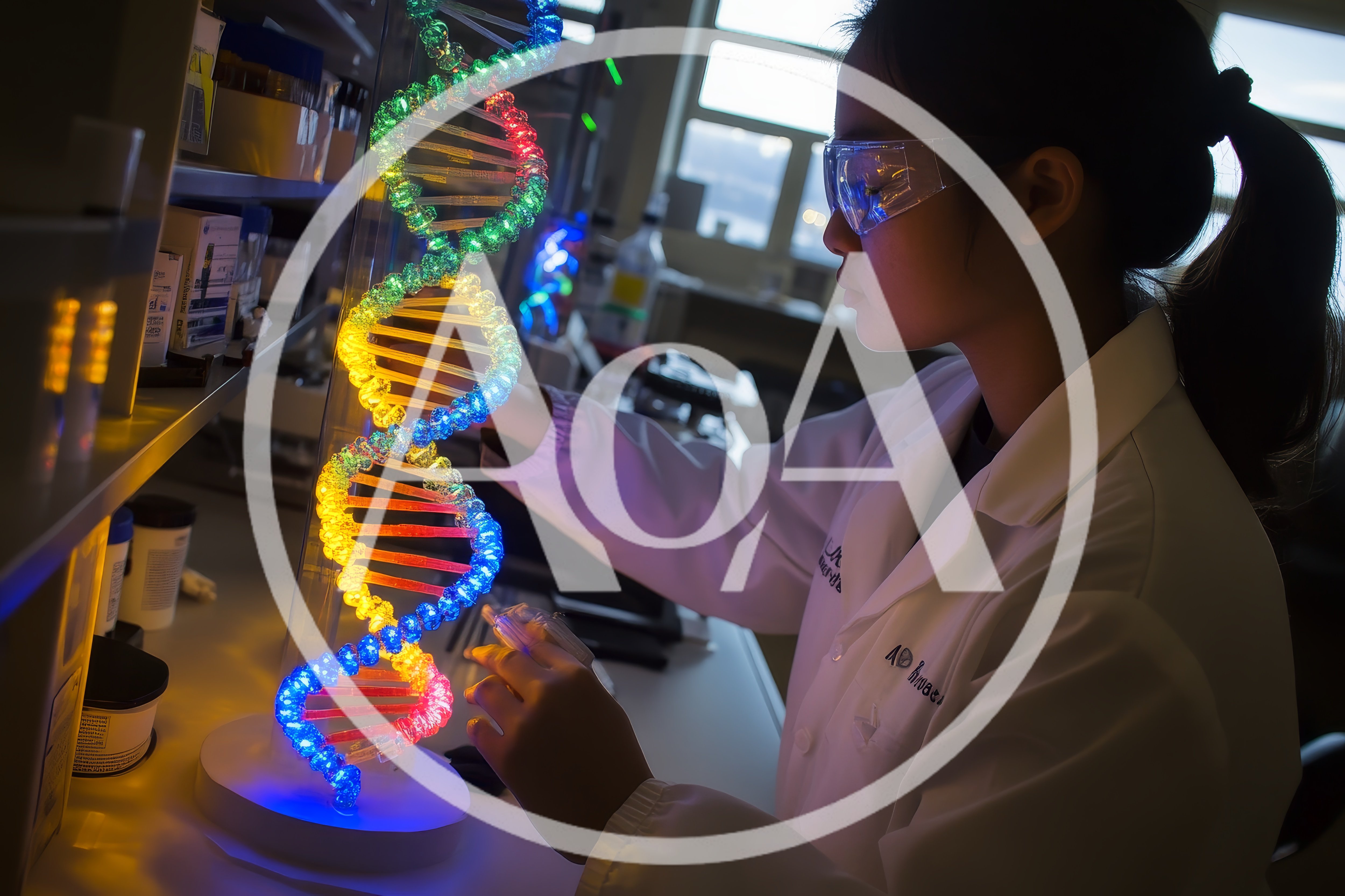 Scientist Examining Illuminated DNA Model In Laboratory