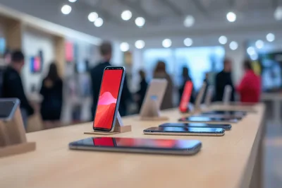 Smartphones Displayed On A Wooden Table In A Store