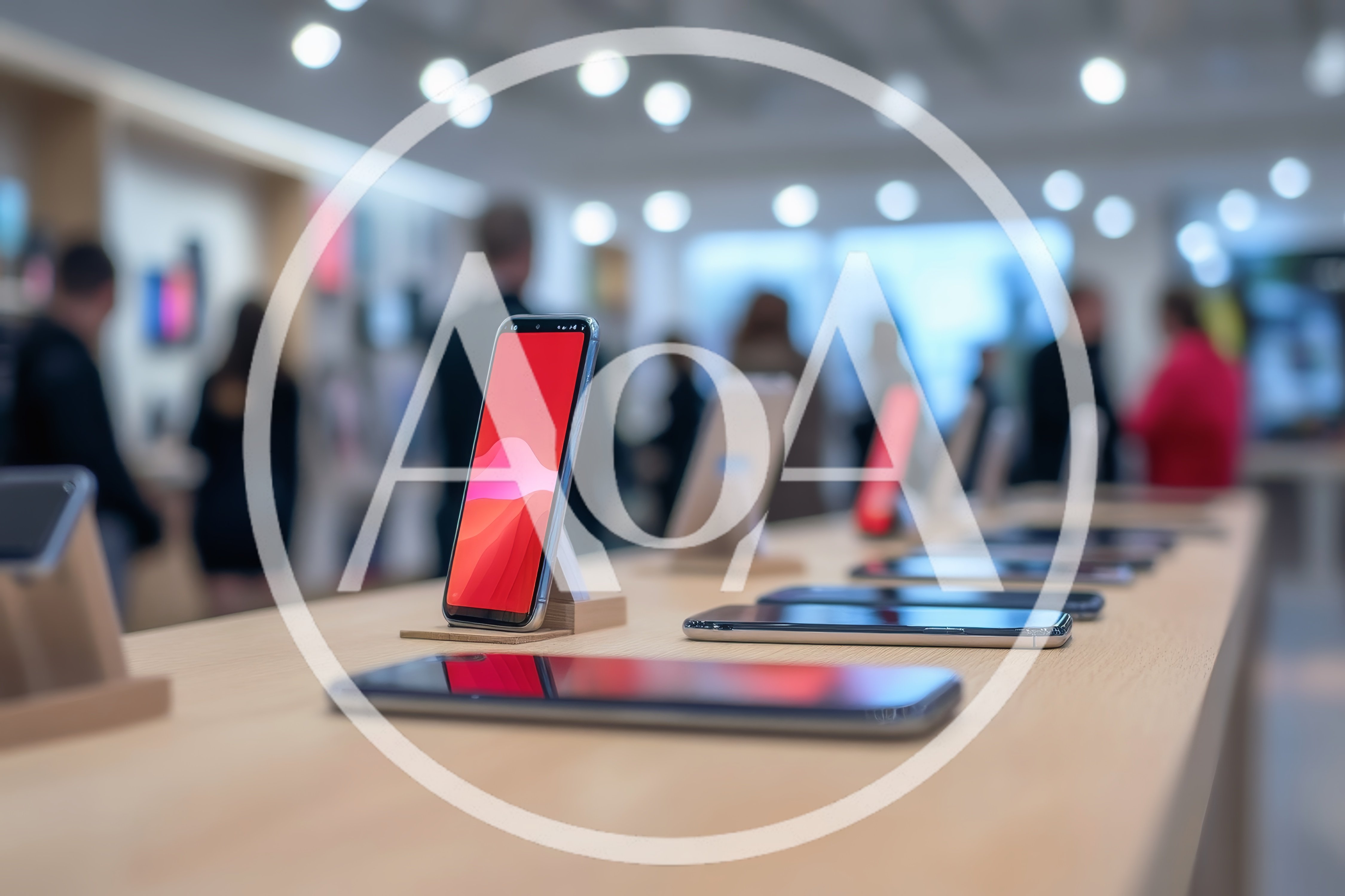 Smartphones Displayed On A Wooden Table In A Store