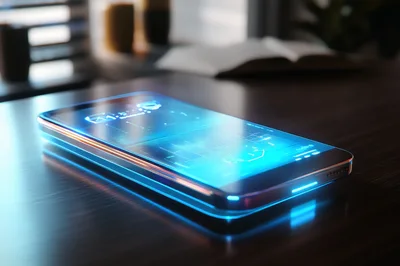 Futuristic Smartphone With Glowing Holographic Interface On Desk