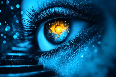 Macro Close Up Of Human Eye With Glowing Galaxy