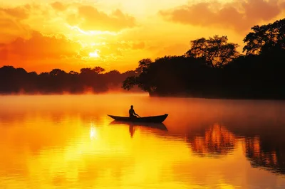 Lone Fisherman Rowing Boat on Misty Lake at Sunrise