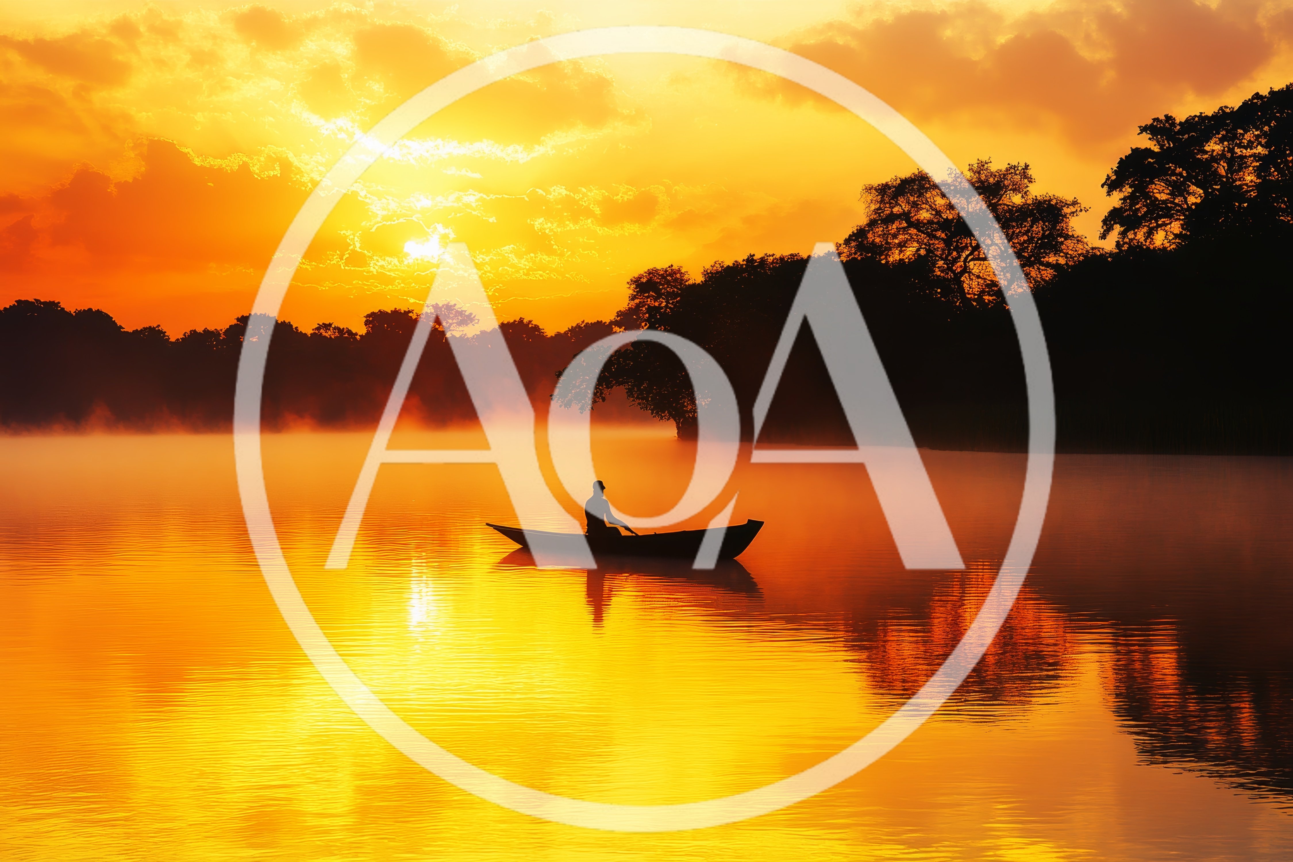 Lone Fisherman Rowing Boat on Misty Lake at Sunrise