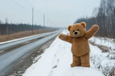 Teddy Bear Standing On Snowy Roadside