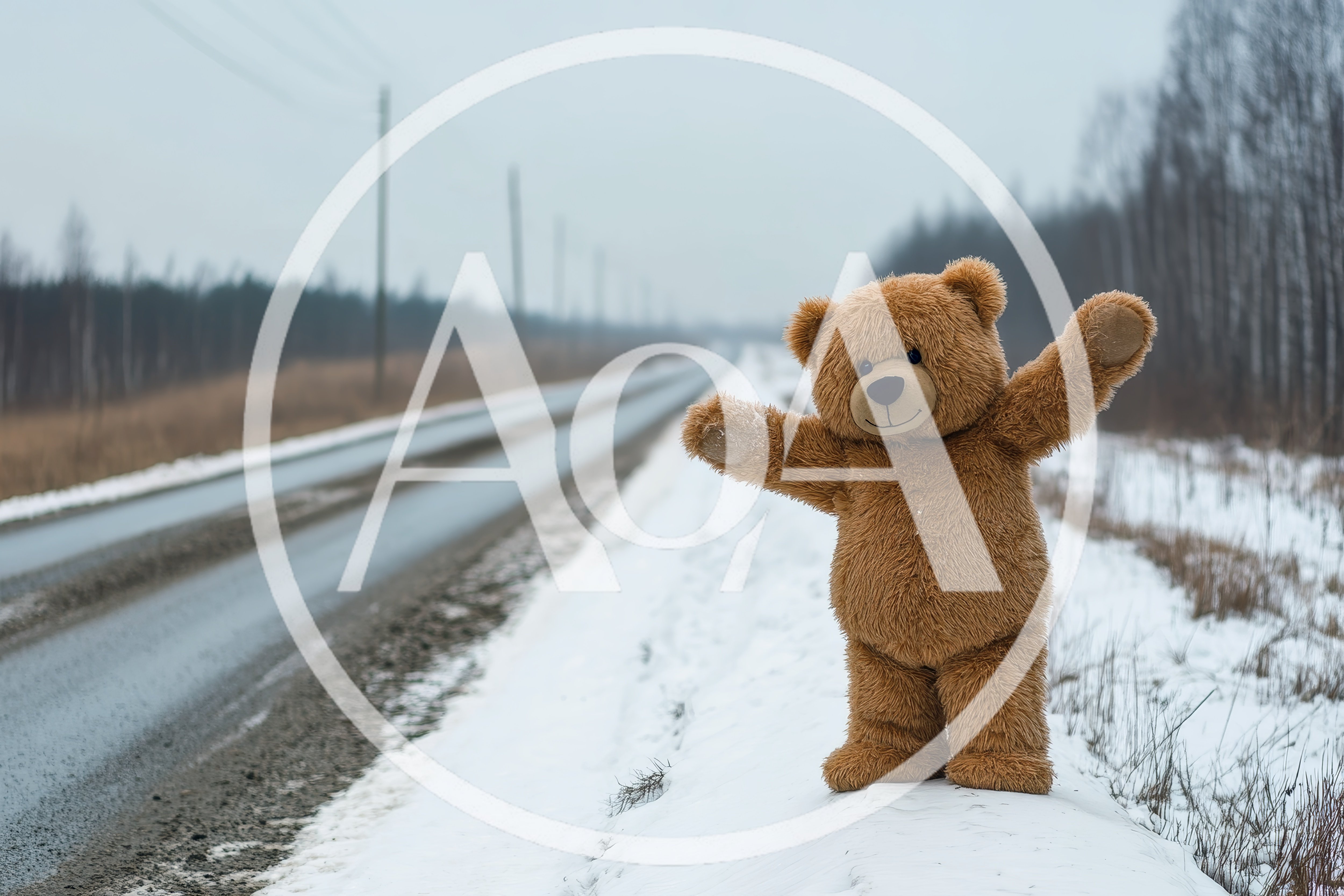 Teddy Bear Standing On Snowy Roadside