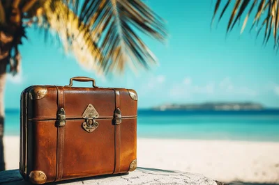 Vintage Leather Suitcase Resting On A Tropical Beach