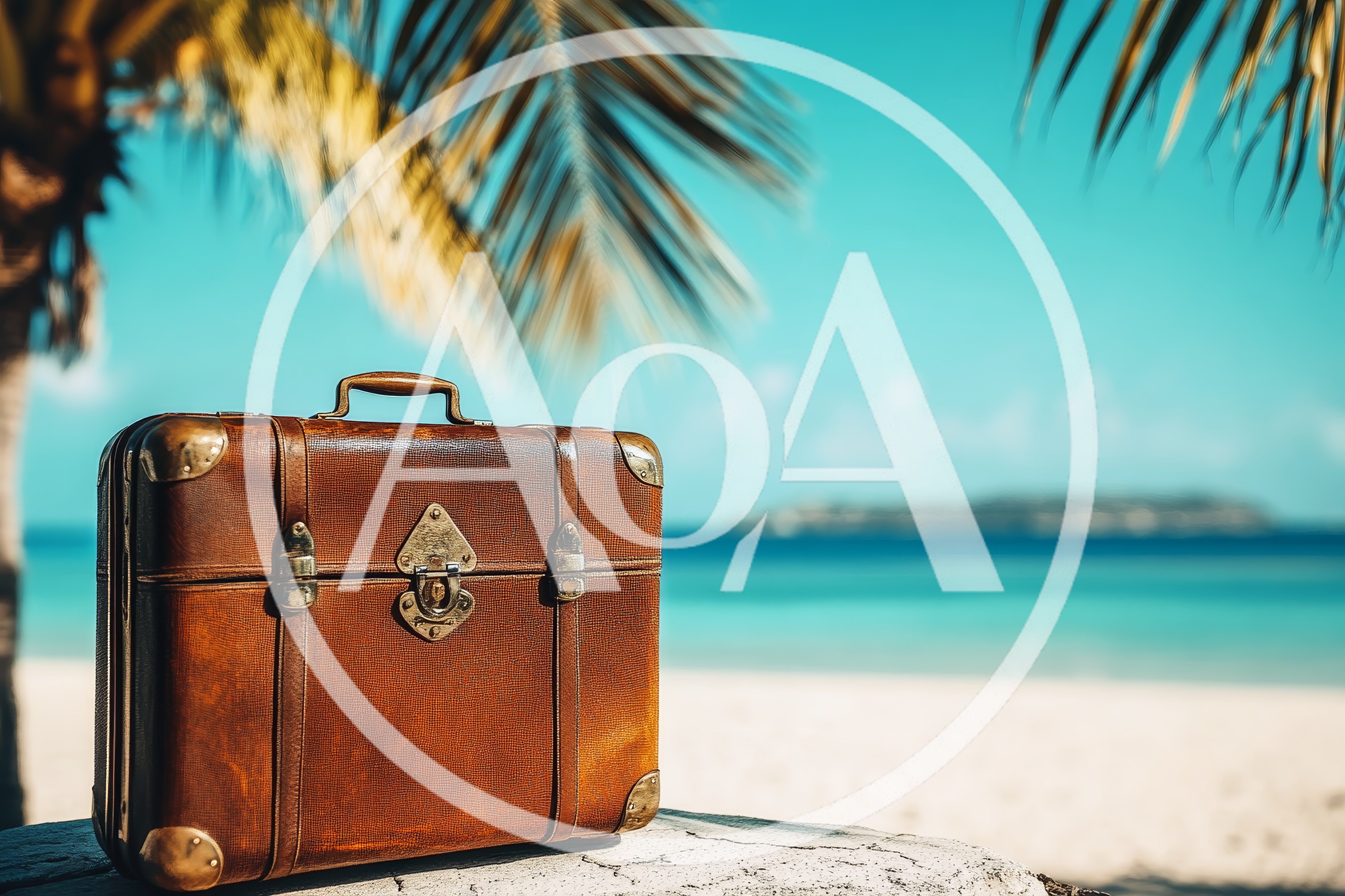 Vintage Leather Suitcase Resting On A Tropical Beach