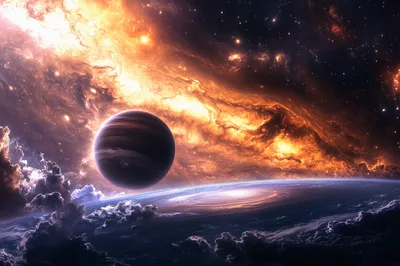 Gas Giant Planet Floating Above A Clouded World