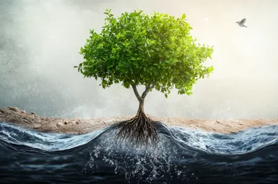 Single Green Tree Growing From Water And Sand