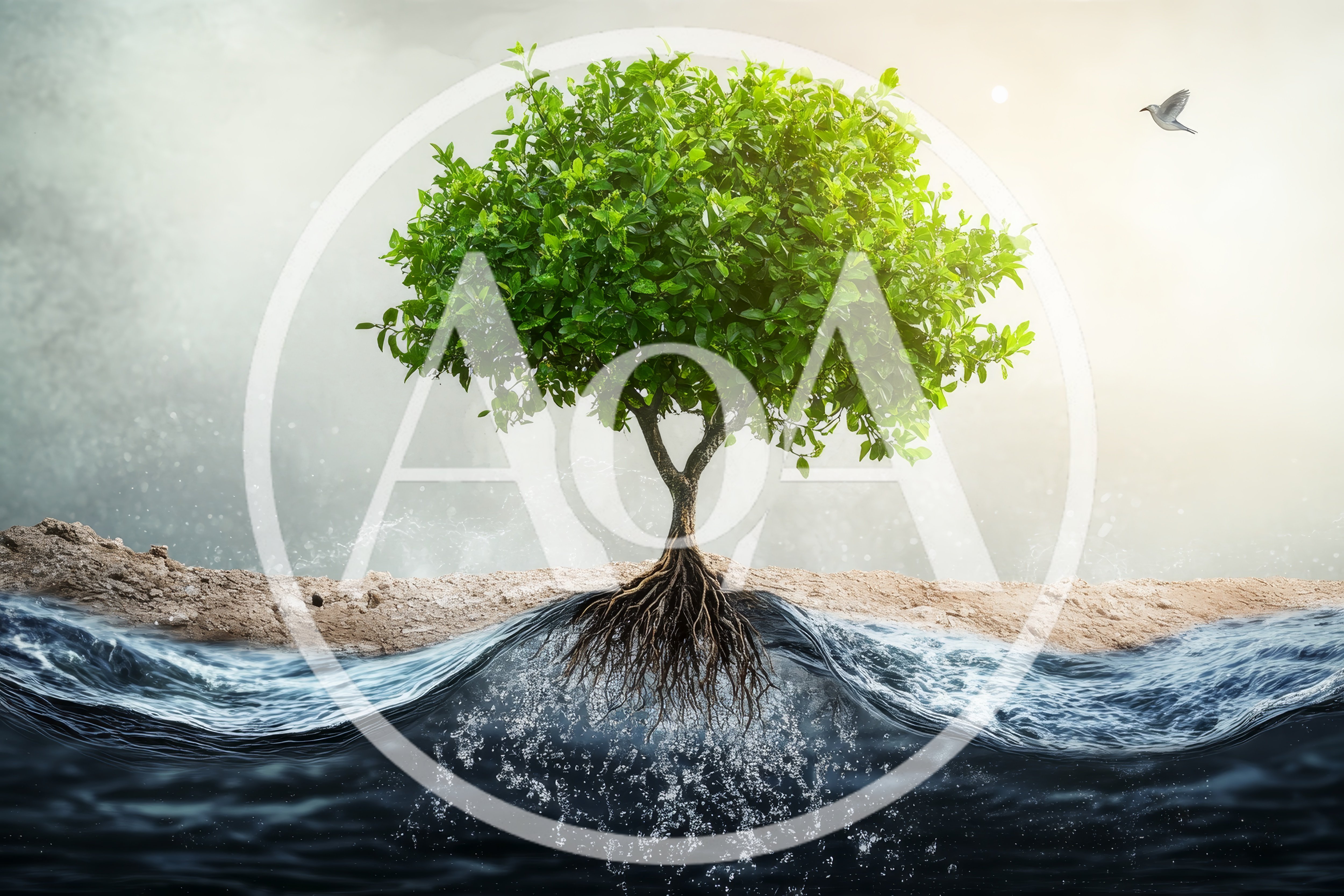 Single Green Tree Growing From Water And Sand