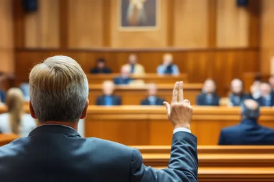 Lawyer Raising Hand In Courtroom During Legal Proceedings
