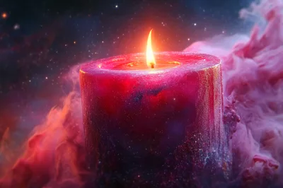 Glowing Pink Candle Amidst Ethereal Cosmic Smoke