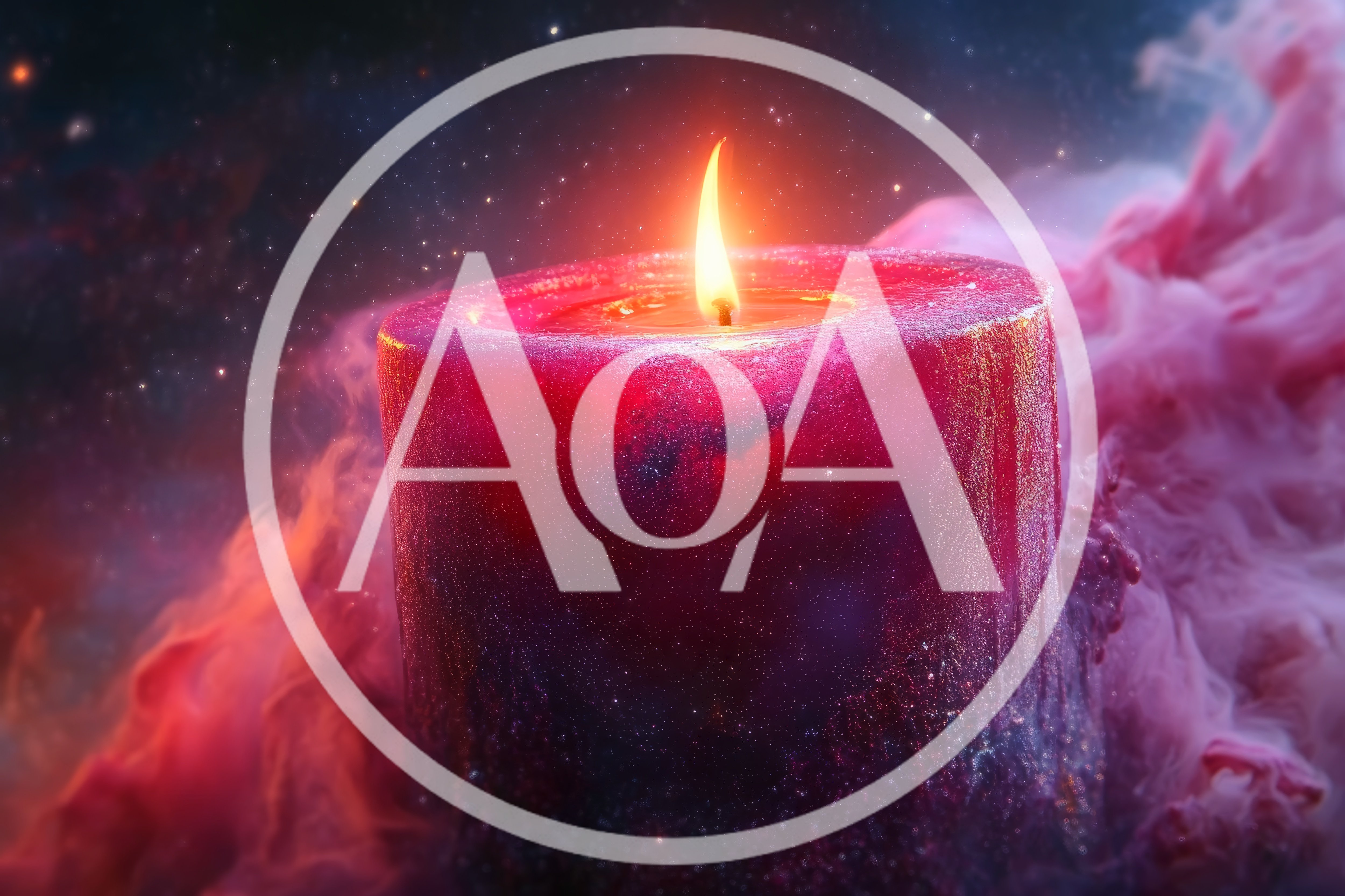 Glowing Pink Candle Amidst Ethereal Cosmic Smoke