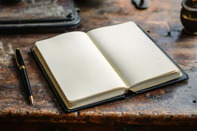 Open Notebook With Fountain Pen On Wooden Desk