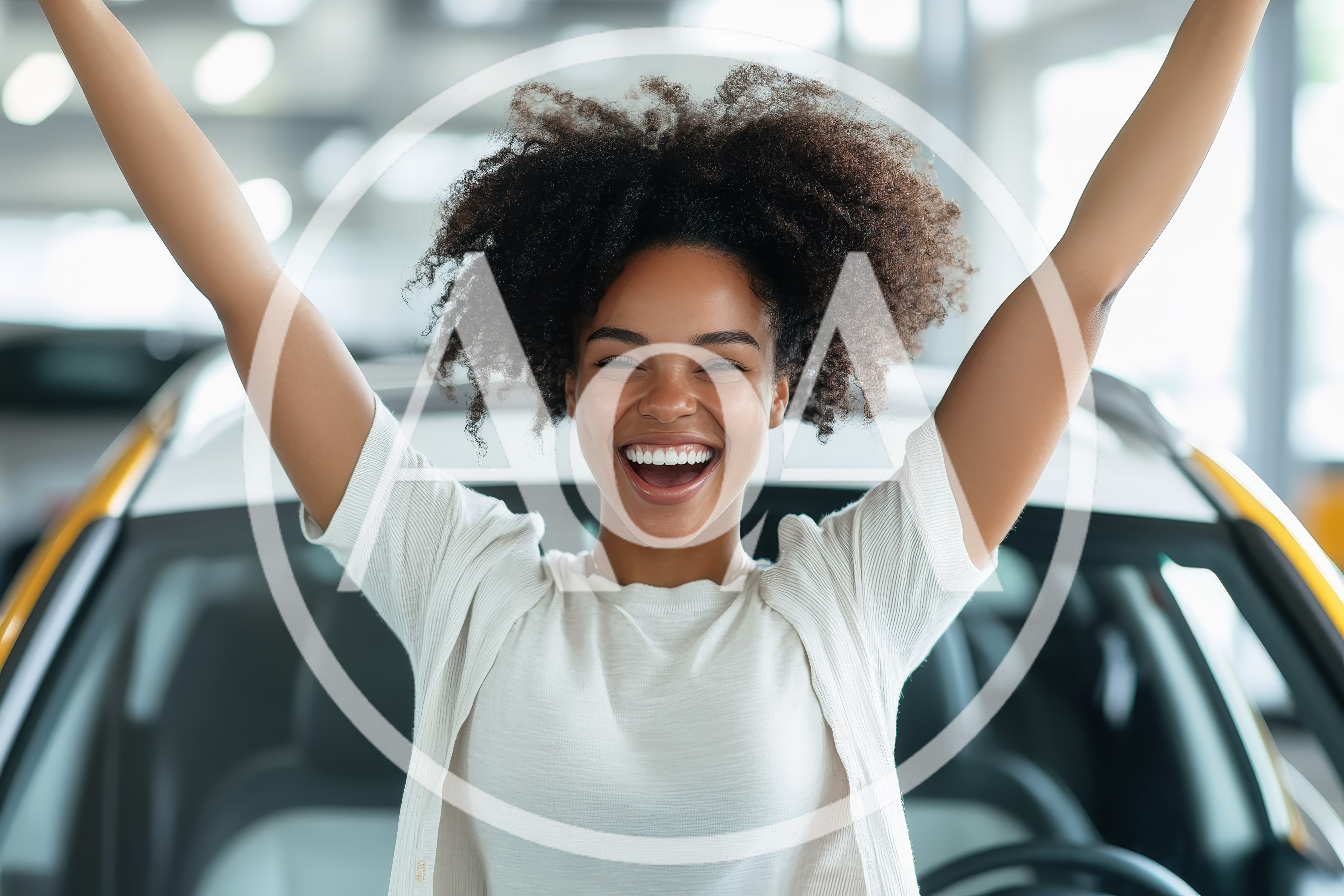 Excited Young Woman Celebrating In A Car Dealership