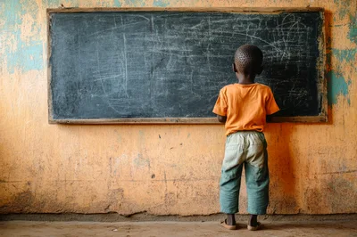 Young Boy Standing Before A Classroom Blackboard