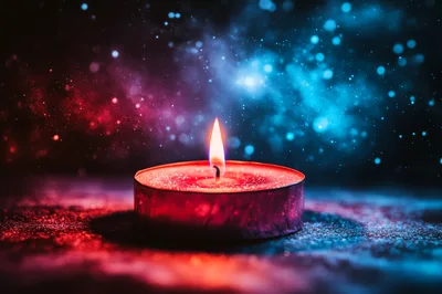 Single Lit Tea Light Candle With Bokeh Background