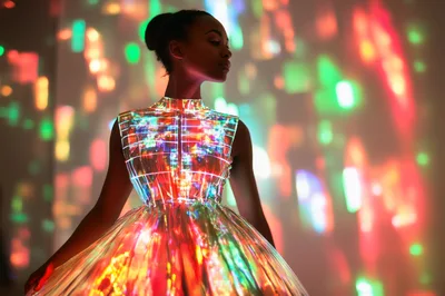 Fashion Model Wearing Futuristic Glowing Iridescent Dress