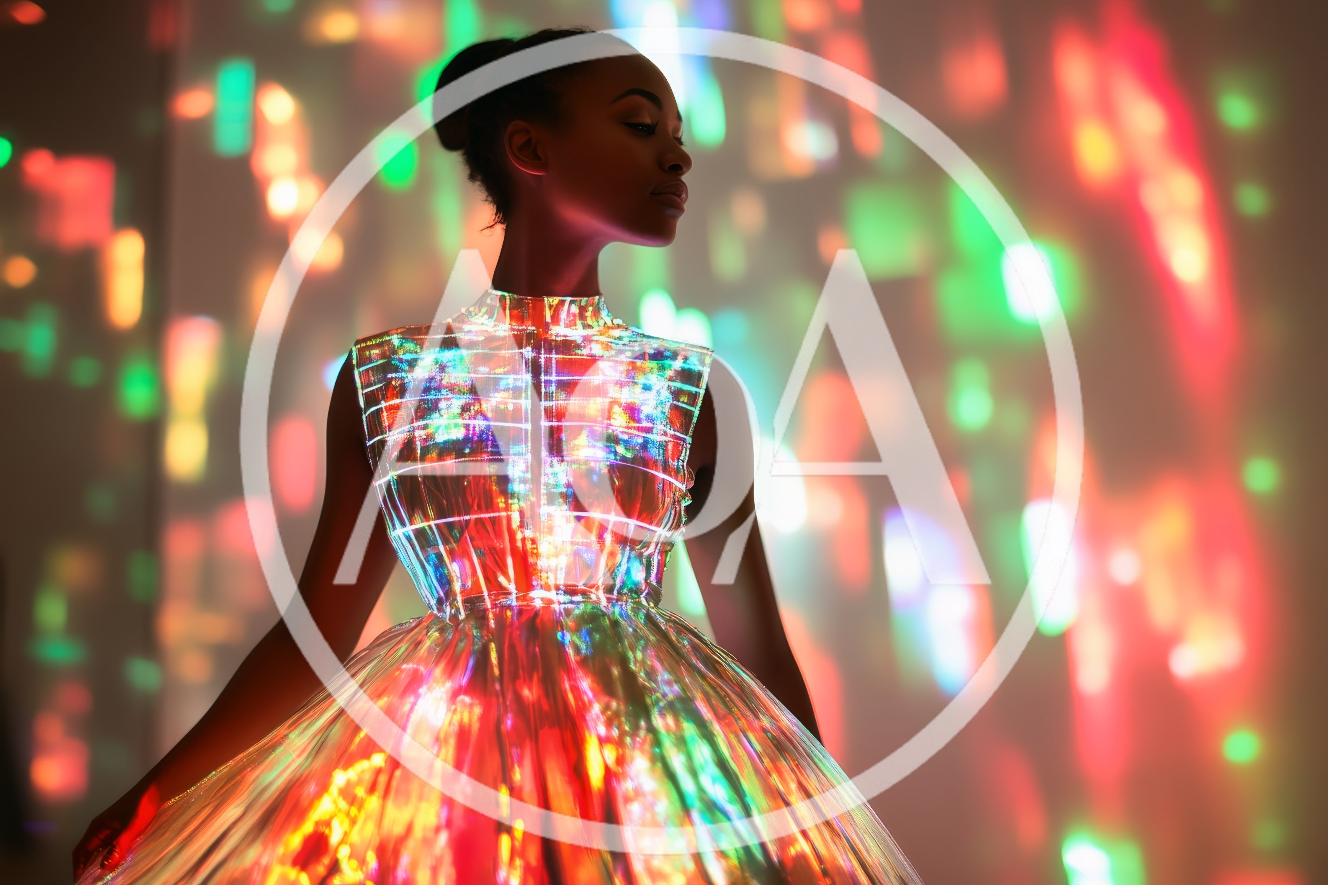Fashion Model Wearing Futuristic Glowing Iridescent Dress