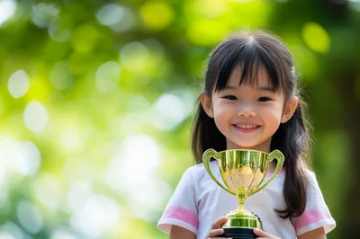 Happy Young Asian Girl Holding A Gold Trophy