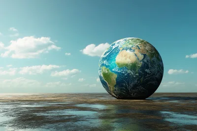 Planet Earth Resting On A Barren Reflective Surface