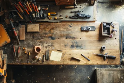 Top Down View Of A Messy Woodworking Workbench