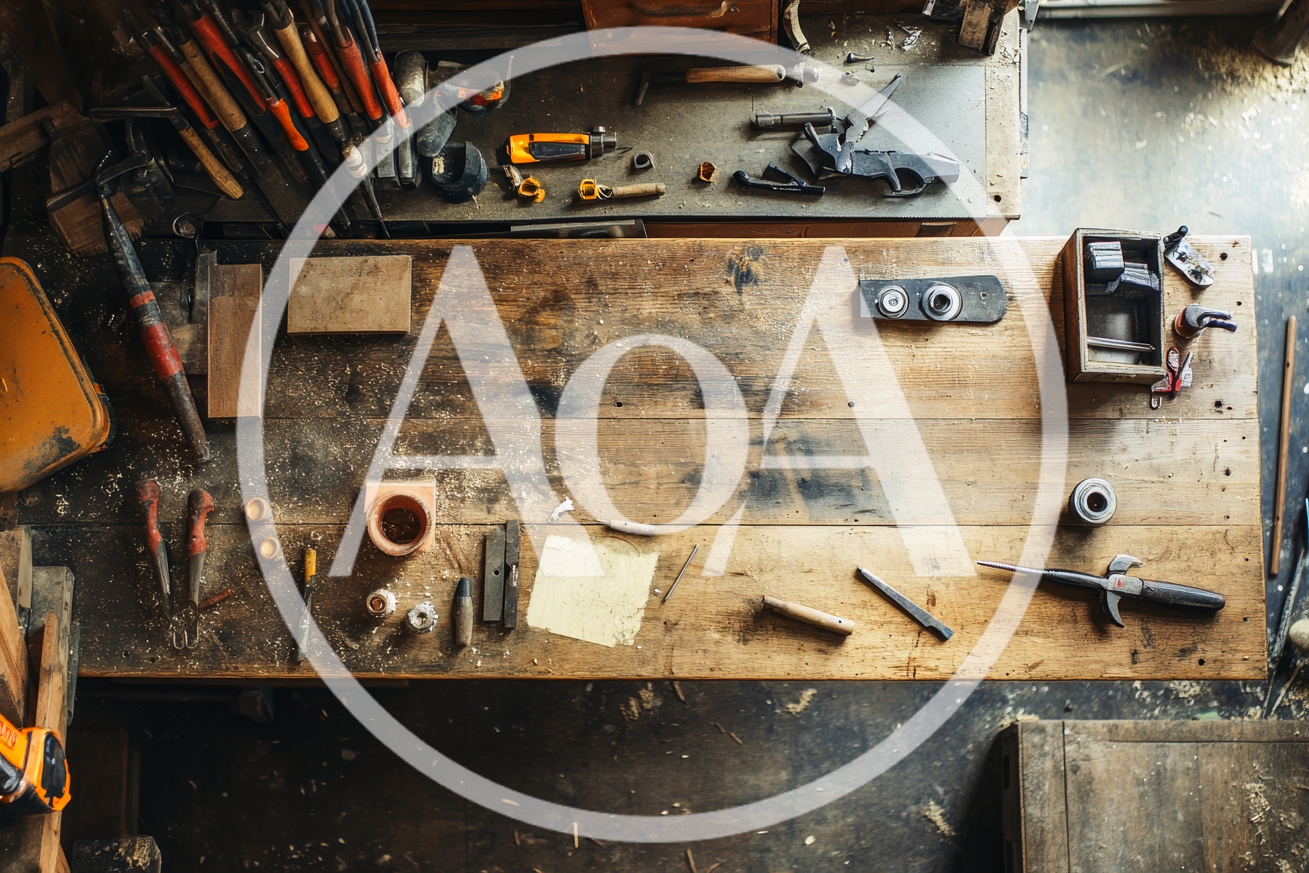 Top Down View Of A Messy Woodworking Workbench