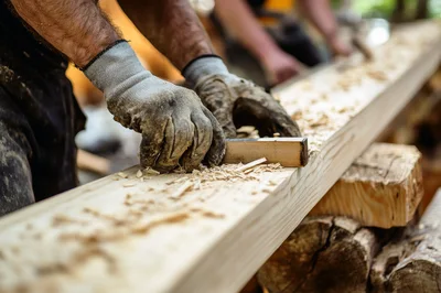 Carpenter Smoothing Wooden Beam With Hand Plane
