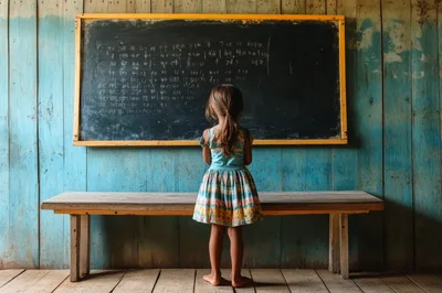 Young Girl Standing Before A Classroom Blackboard