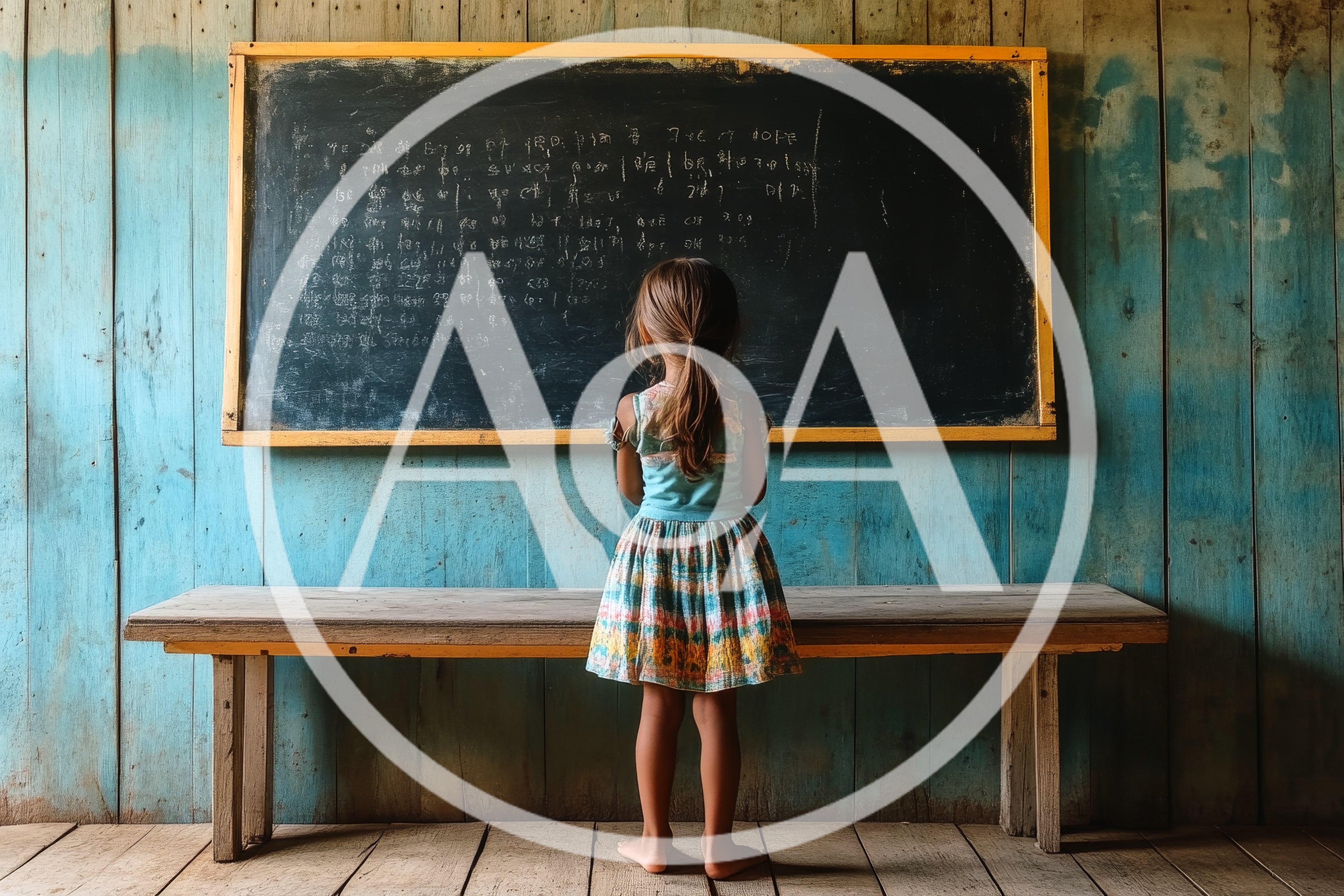 Young Girl Standing Before A Classroom Blackboard