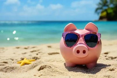 Pink Piggy Bank Wearing Sunglasses On Tropical Beach