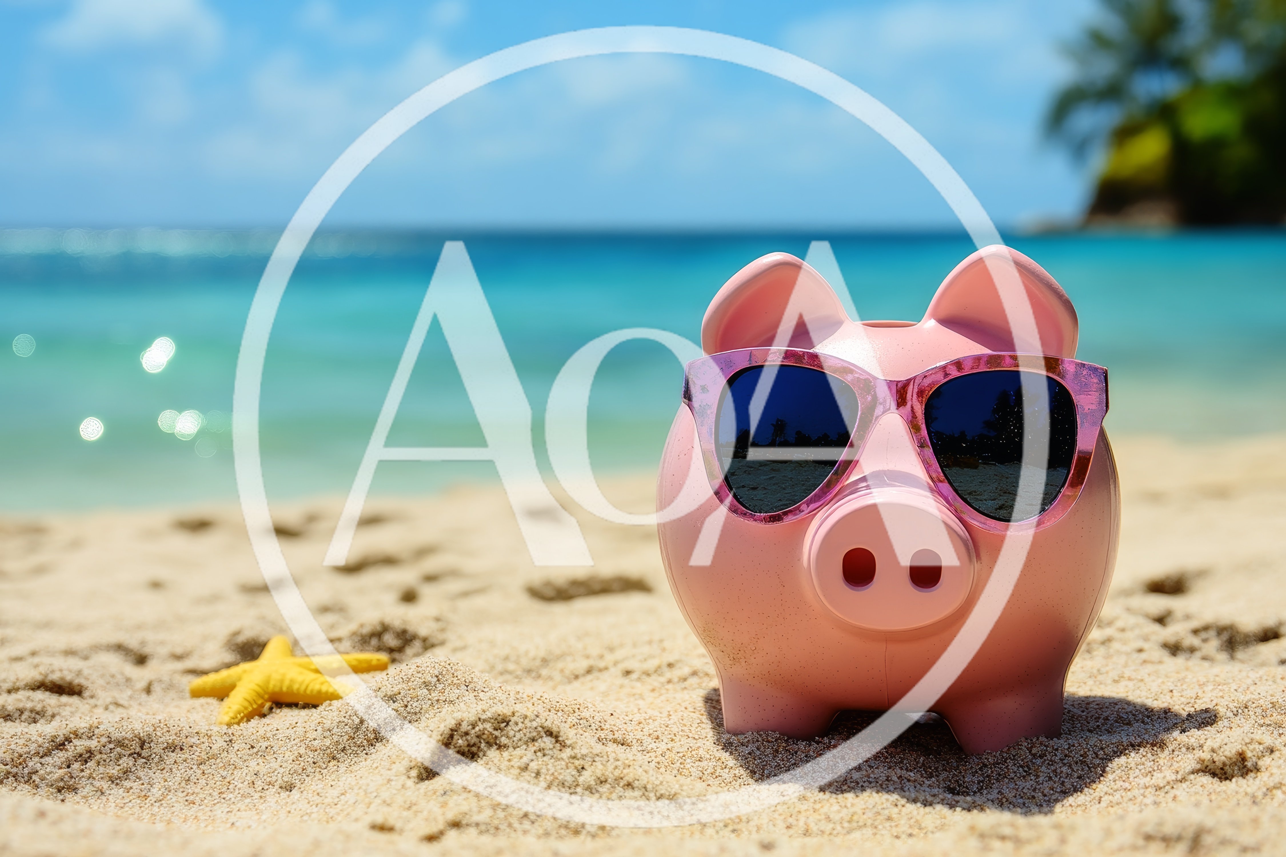 Pink Piggy Bank Wearing Sunglasses On Tropical Beach