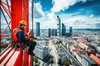Construction Worker Sitting On High Rise Crane