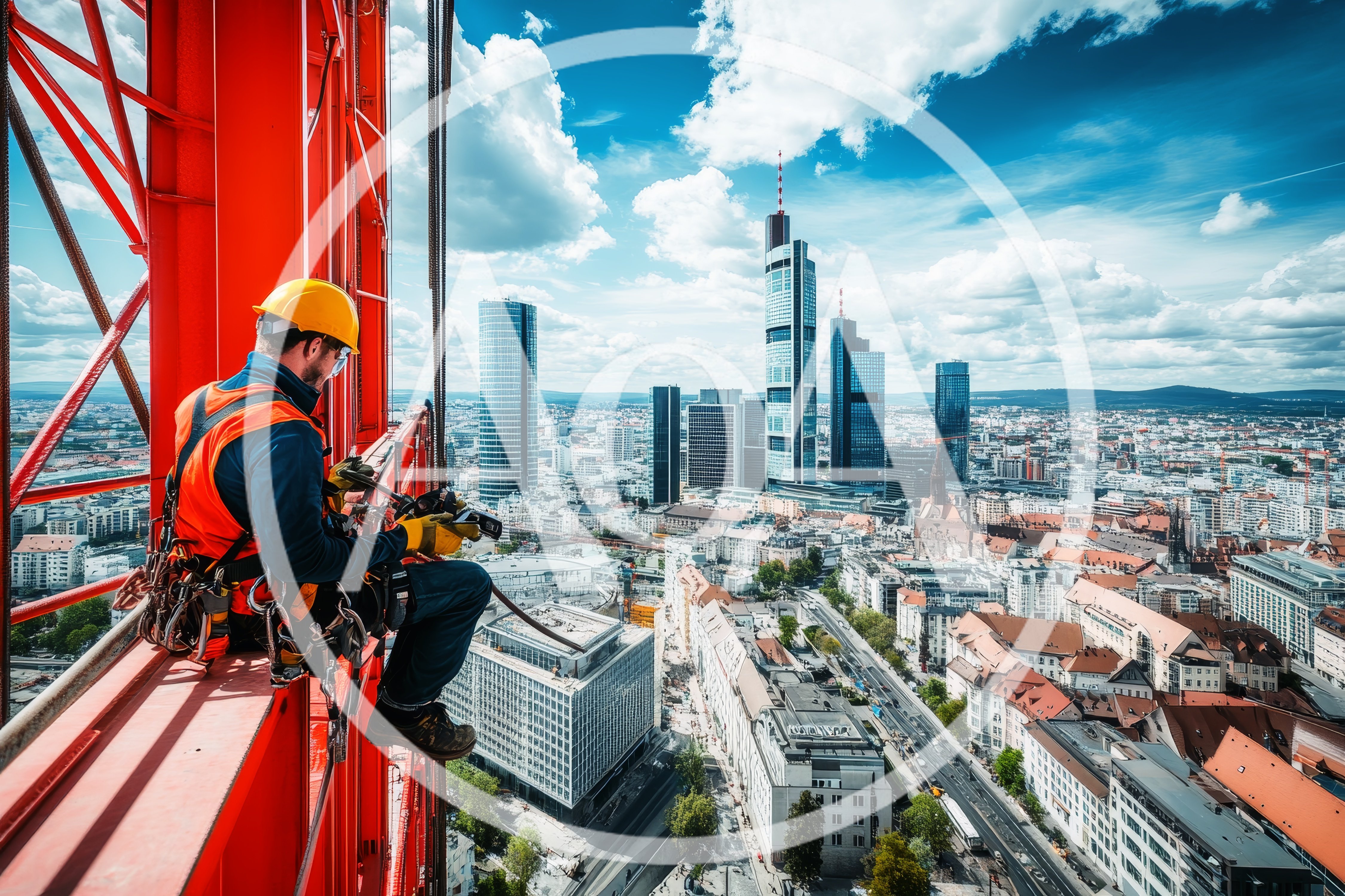 Construction Worker Sitting On High Rise Crane