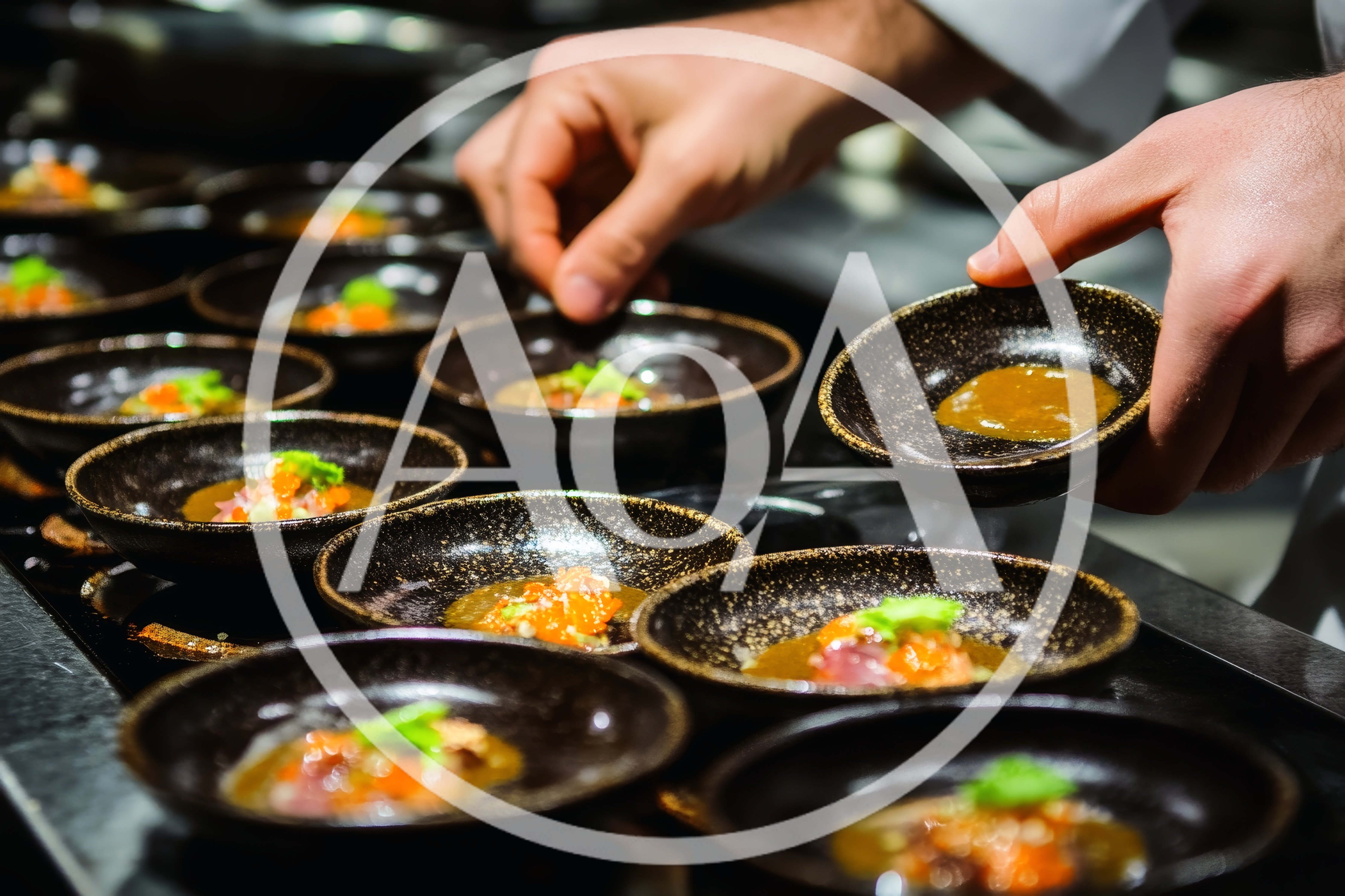 Chef Plating Gourmet Appetizers In Professional Kitchen