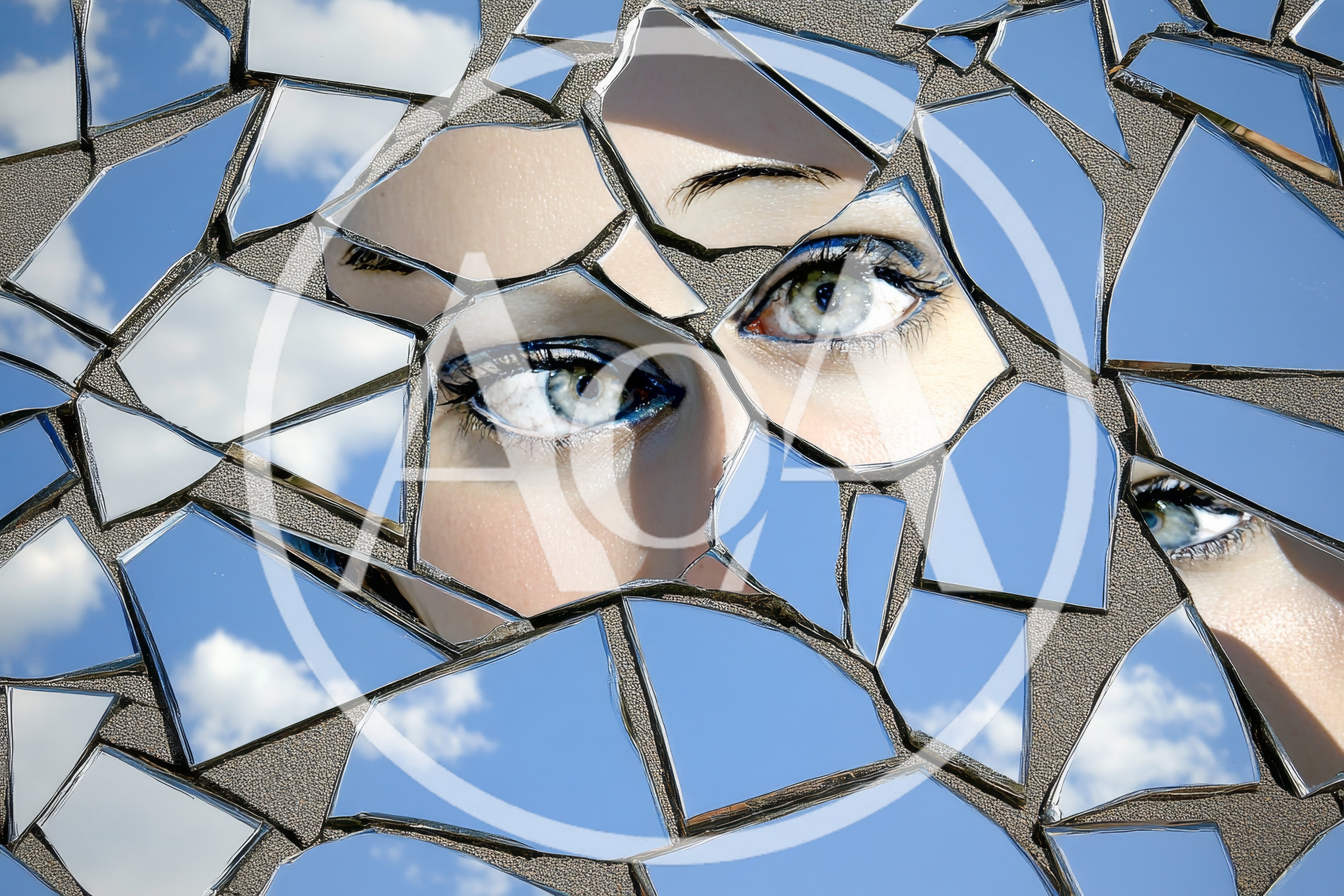 Close Up Of Human Eyes Reflected In Broken Mirror Shards