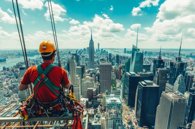 Construction Worker Sitting On High Rise Scaffolding Overlooking City