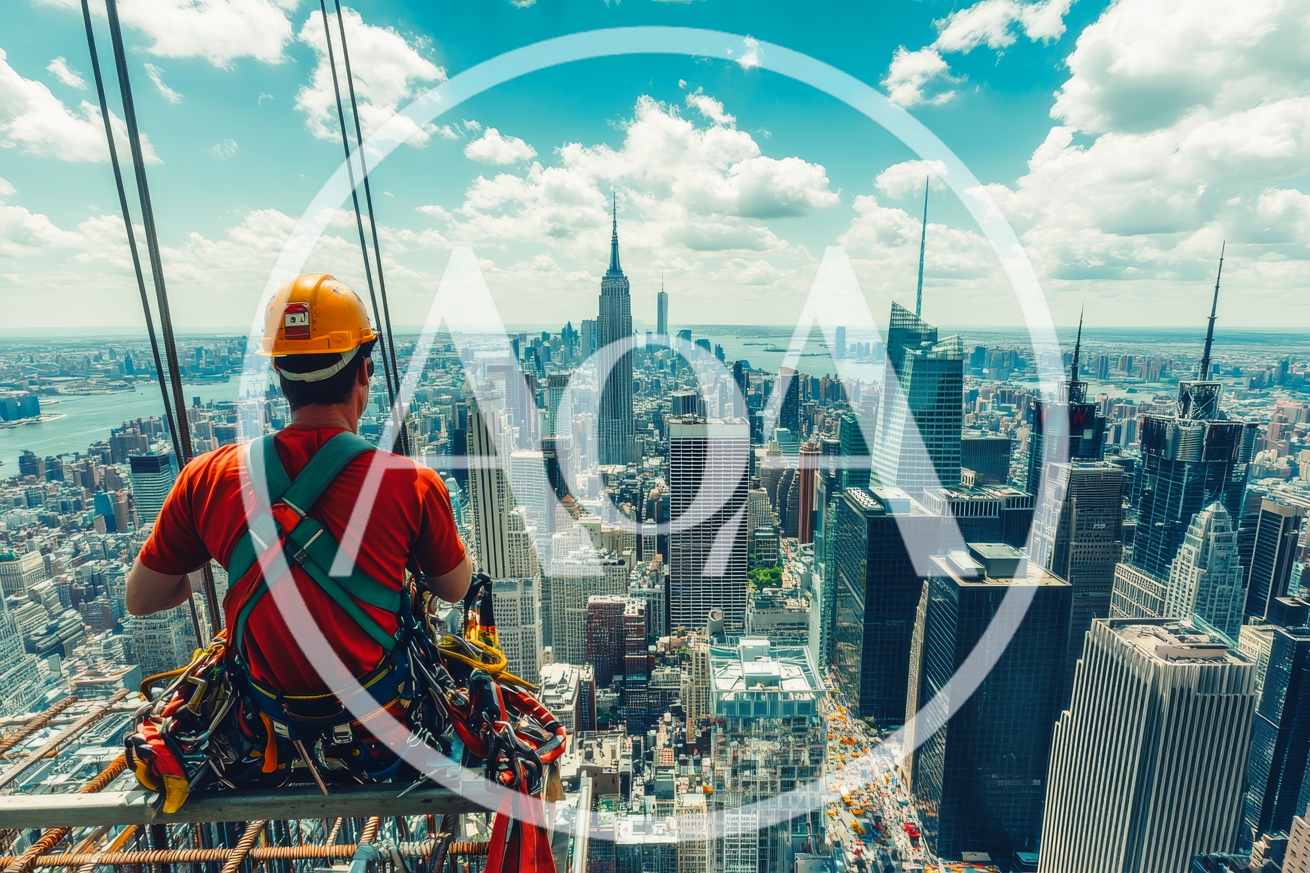 Construction Worker Sitting On High Rise Scaffolding Overlooking City