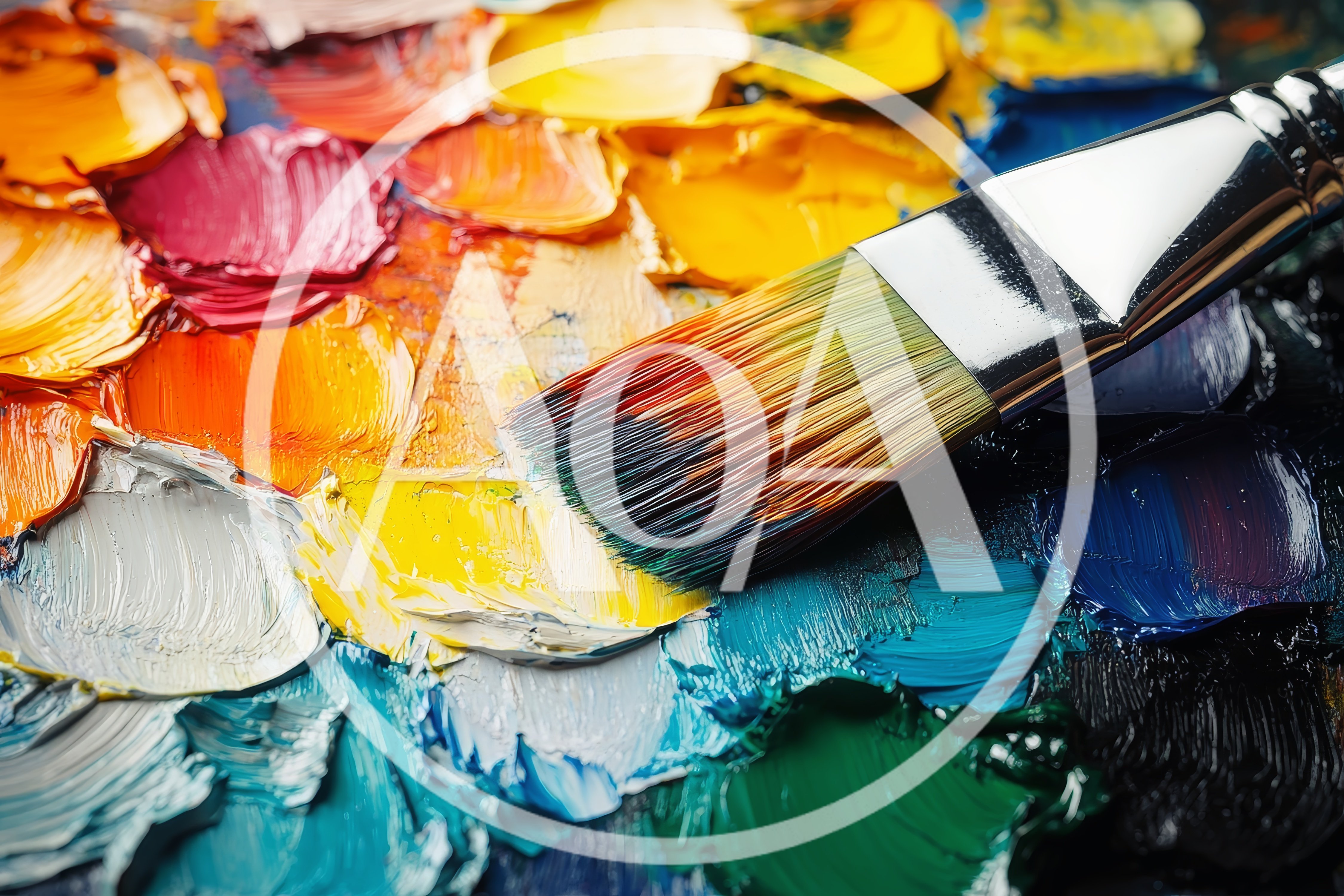 Artist Paintbrush Resting On A Colorful Oil Paint Palette