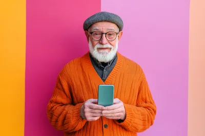 Senior Man Holding Smartphone Against Colorful Background