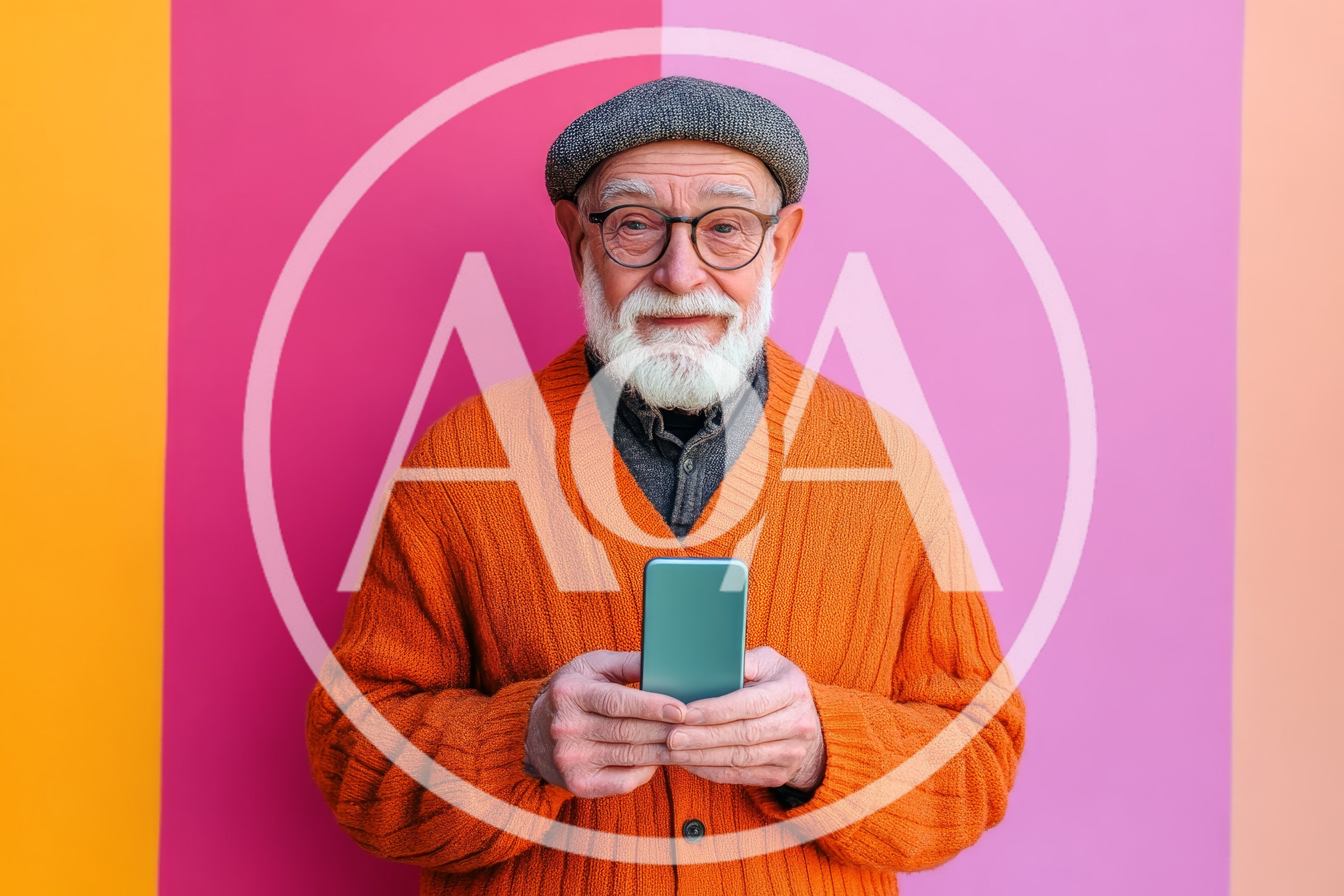 Senior Man Holding Smartphone Against Colorful Background