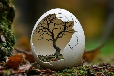 Bonsai Tree Growing Inside A Cracked White Egg