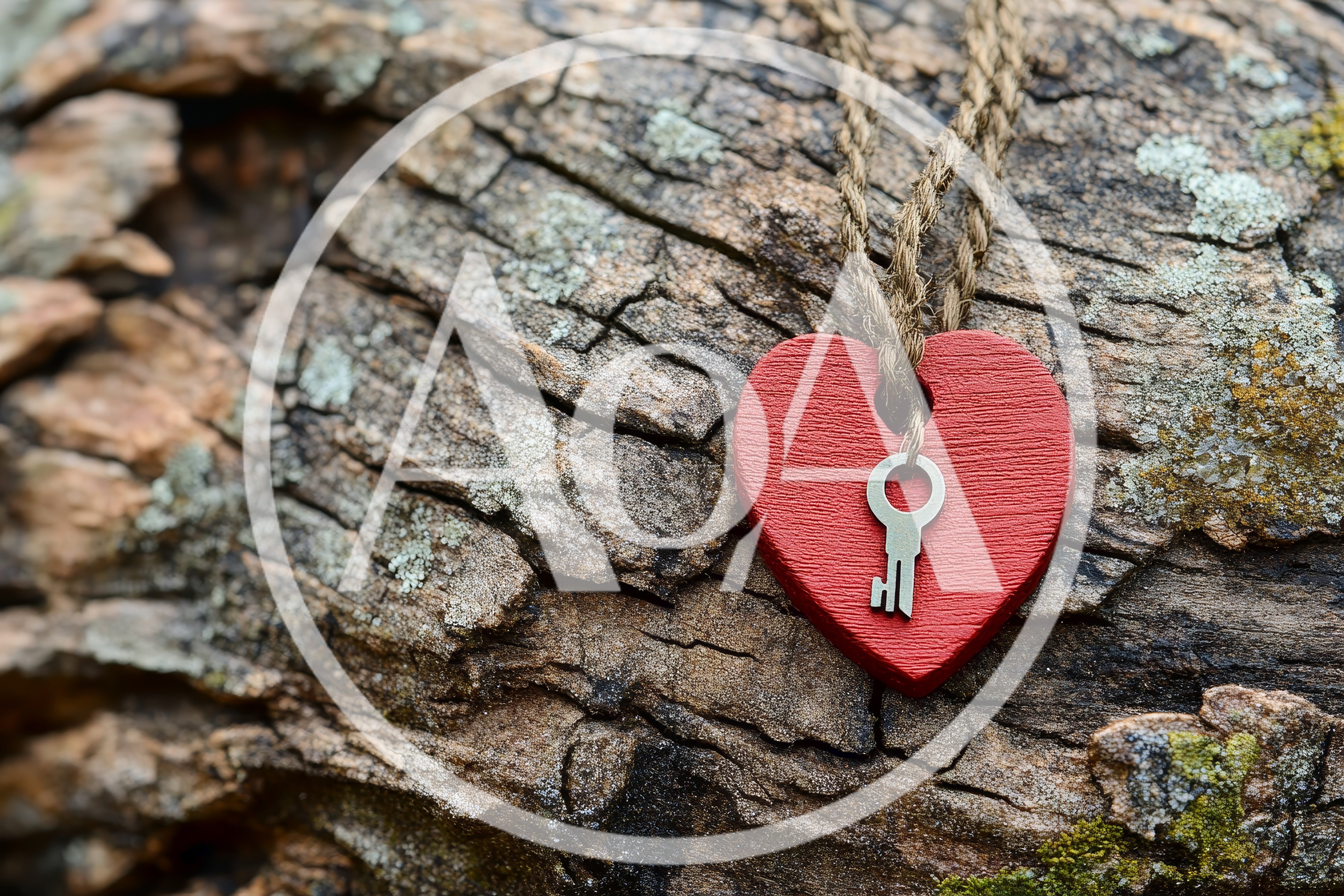 Red Wooden Heart Pendant With Key On Tree Bark