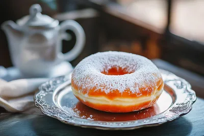 Single Glazed Donut With Powdered Sugar On Silver Plate