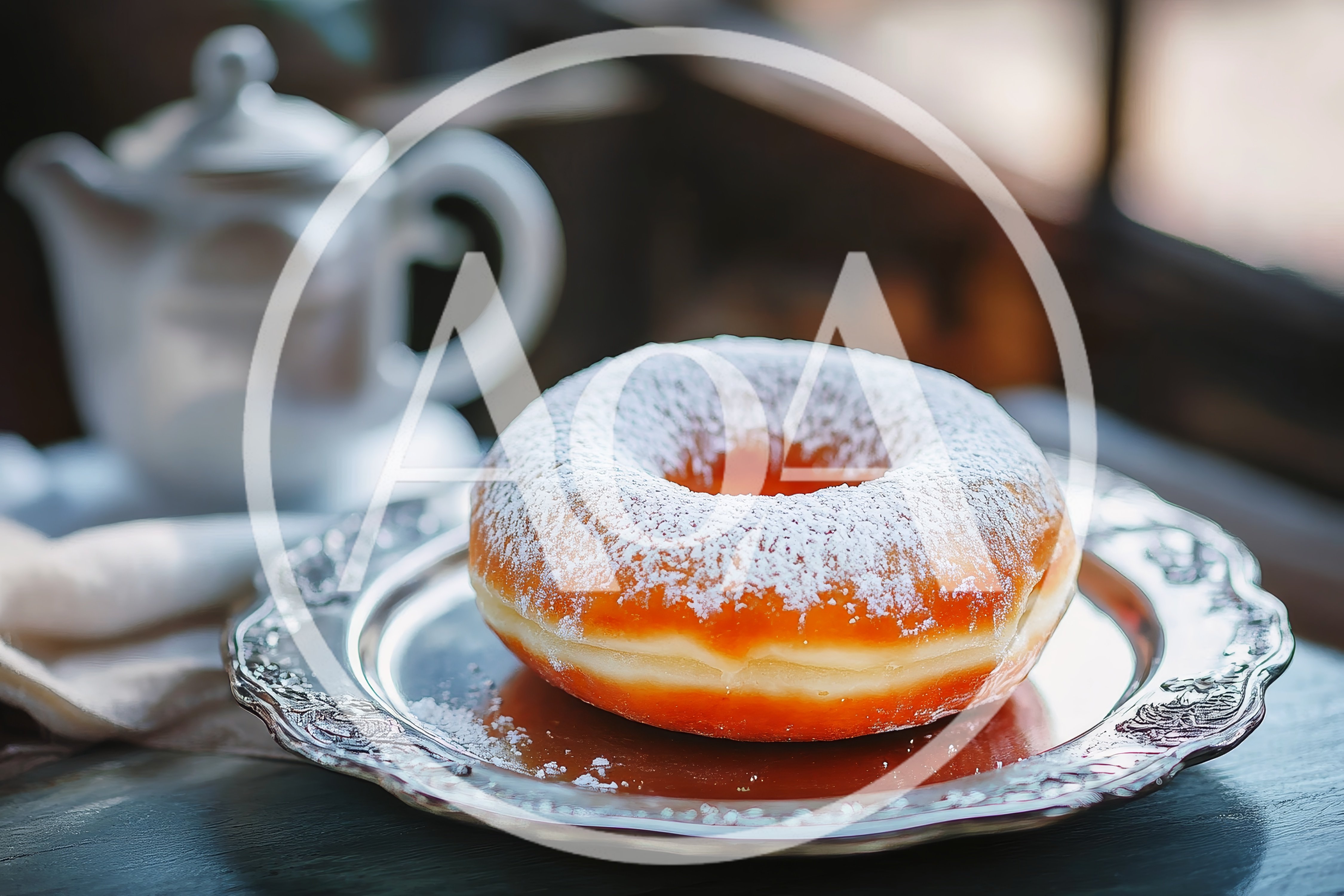 Single Glazed Donut With Powdered Sugar On Silver Plate