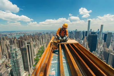 Construction Worker Welding Steel Beam High Above New York City