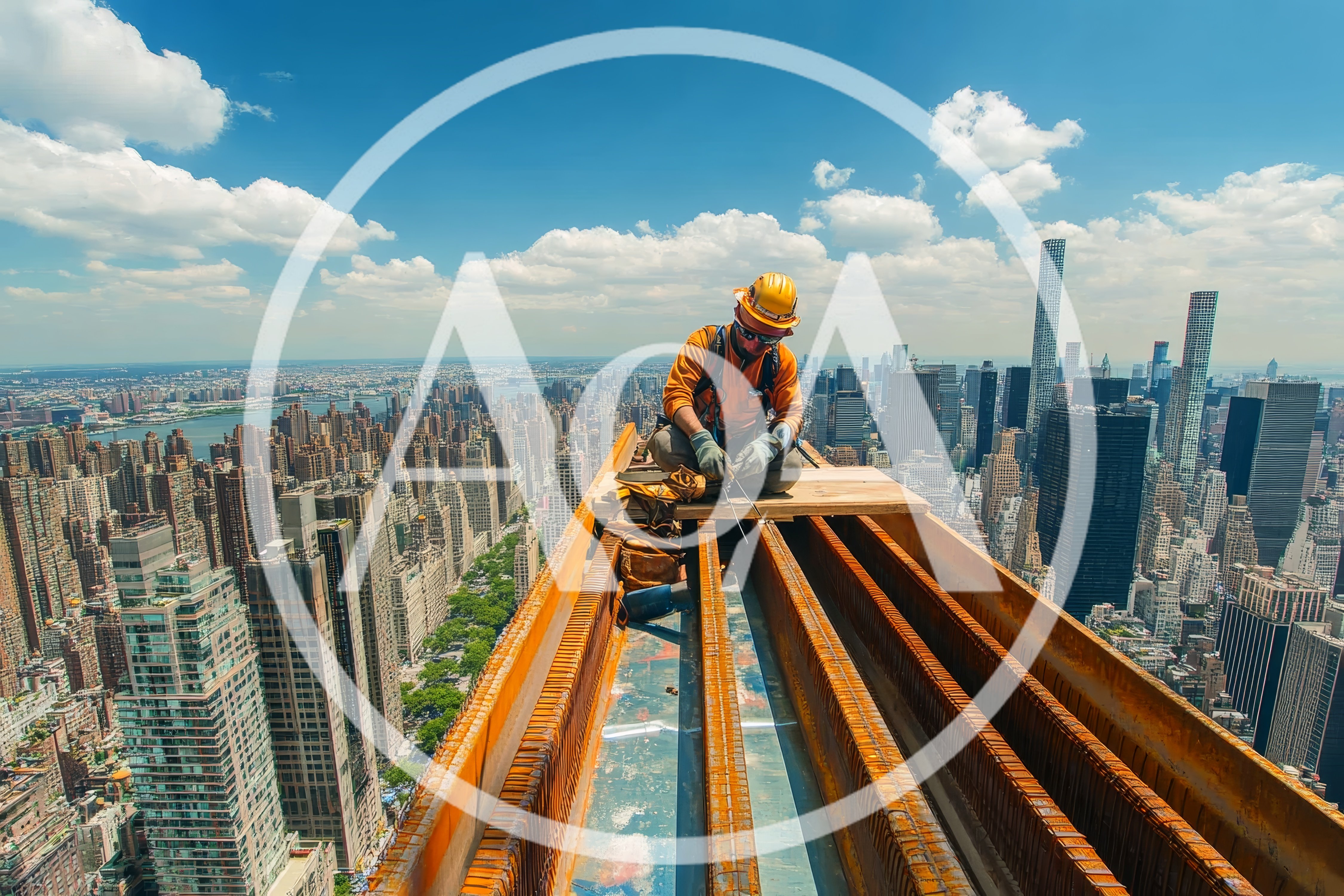 Construction Worker Welding Steel Beam High Above New York City