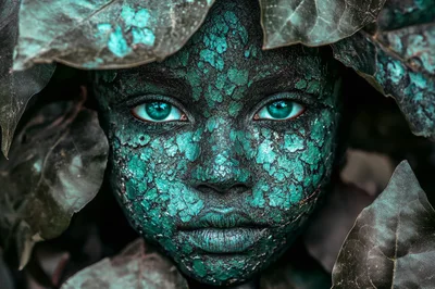 Portrait Of A Child With Cracked Teal Painted Skin