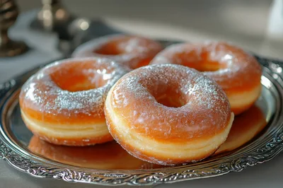 Glazed Donuts With Powdered Sugar On A Silver Platter